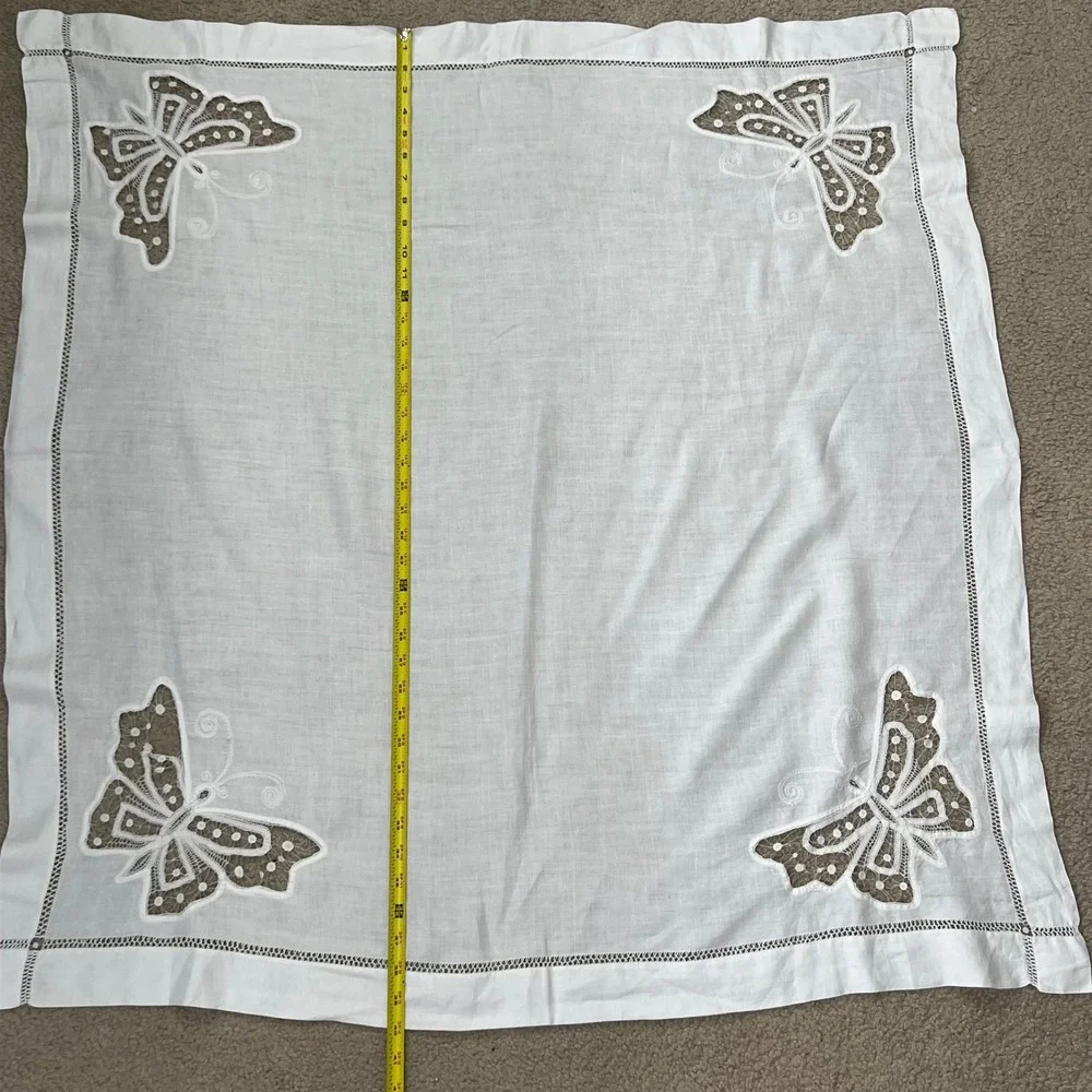 Vintage White Linen Lace Tablecloth Butterfly Embroidered Applique Square 40x40